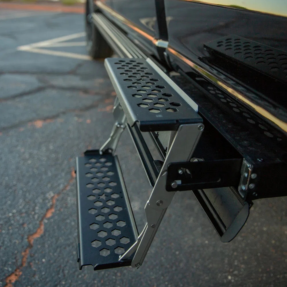 RS-100-9 – ROCK SLIDE Truck Step, Multi-Mount Single Two Flat Step Extendable Powder Coated Textured Black Steel 9 In...
